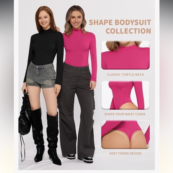 NWT hot pink long sleeve mock turtleneck ribbed thong bodysuit - Picture 3 of 5